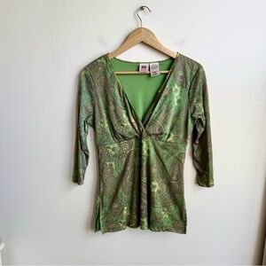 Faded Glory Green Paisley Long Sleeve V-Neck Top Sequins Y2K Boho Fall Cottage
